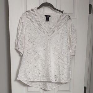 Woman Within White Eyelet V-Neck Crochet-Trim Top